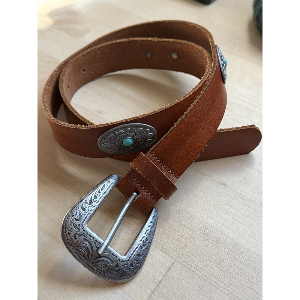 Women's Western Leather Belt Silver Tone and Turquoise Small Rodeo 1.5"